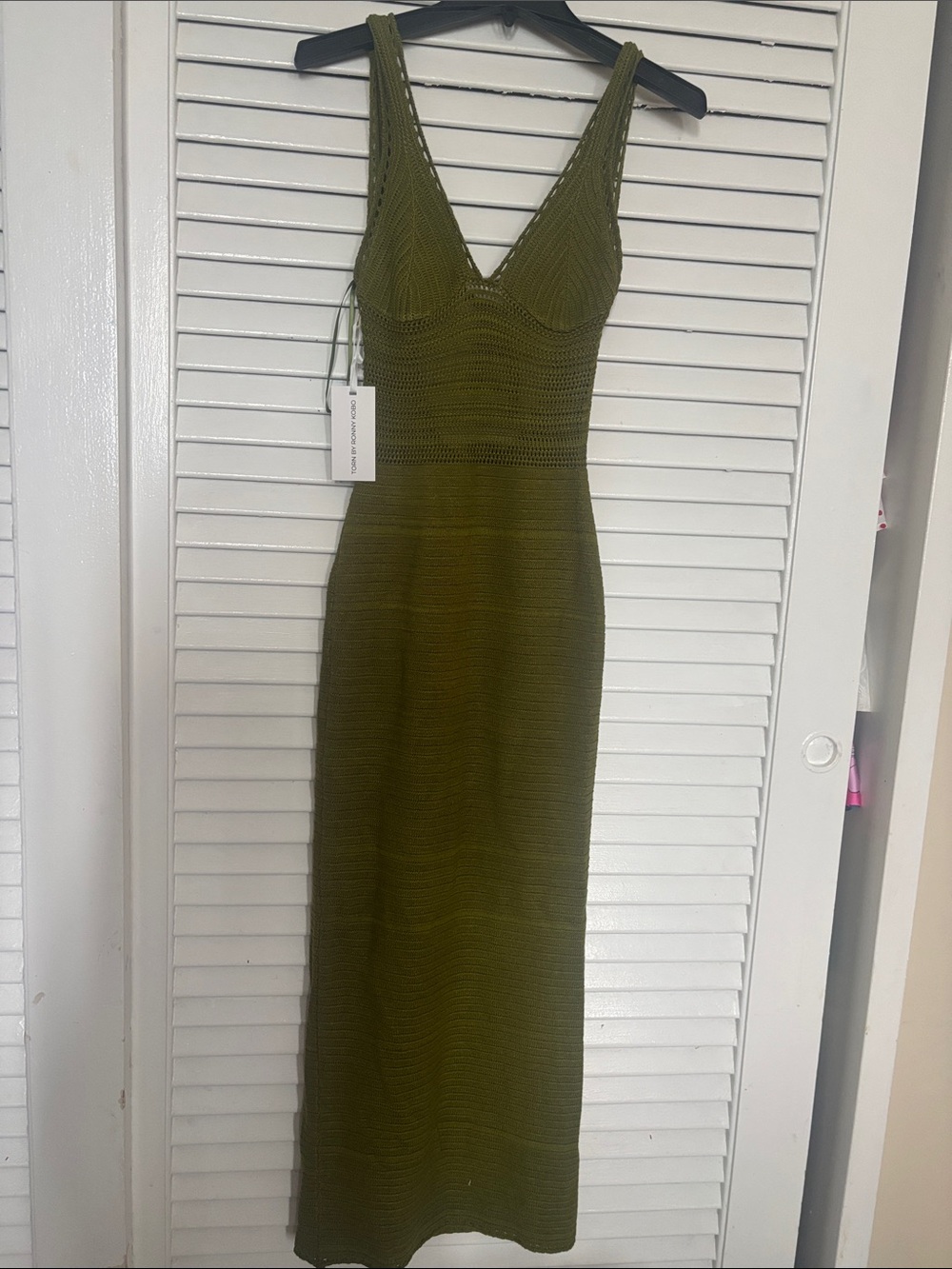 Torn by Ronny Kobo-Olive Knit V-Neck Maxi Dress